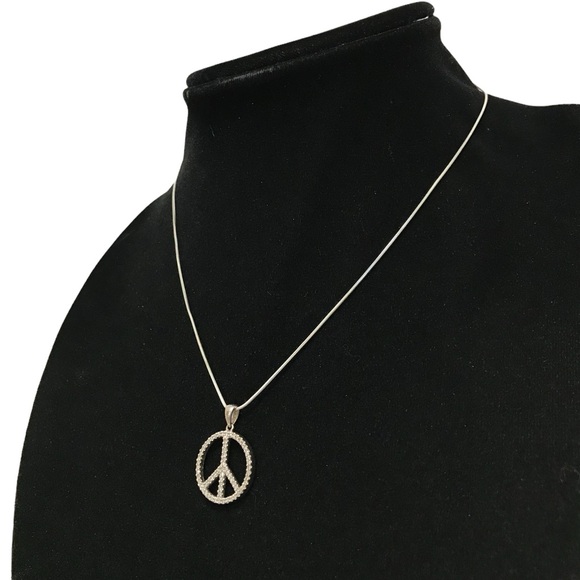Sterling Silver .925 Italy Snake Chain Diamond Chip Peace Sign Pendant SUN 17” - Picture 3 of 6